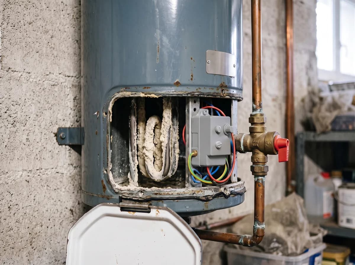 Chauffe-eau ouvert laissant voir une résistance couverte de tartre et son thermostat