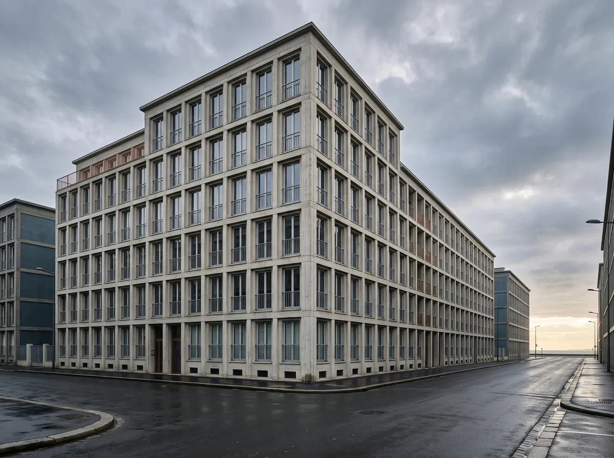 Façades en béton du centre reconstruit du Havre sous un ciel d'estuaire