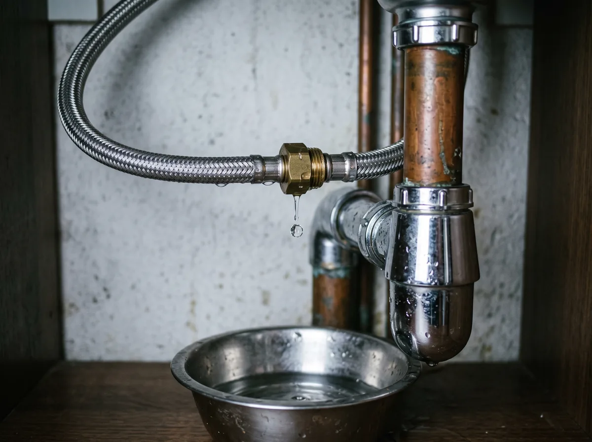 Raccord souple qui goutte sous un évier, siphon chromé et bac de récupération
