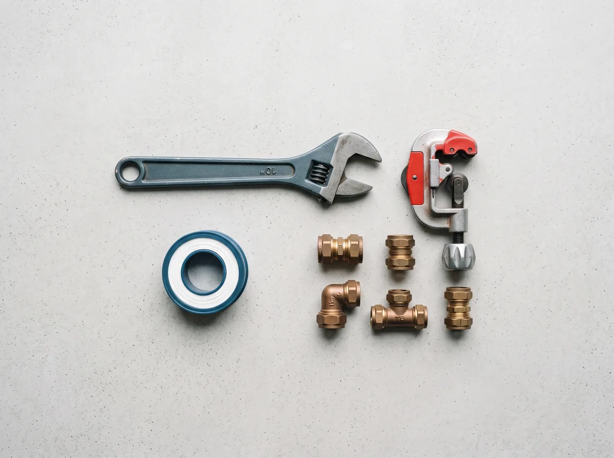 Outils de plomberie rangés sur un établi : clé, ruban PTFE, raccords