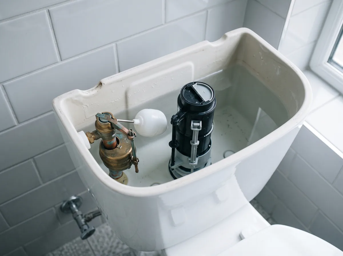 Mécanisme de chasse d'eau ouvert, flotteur et robinet de remplissage
